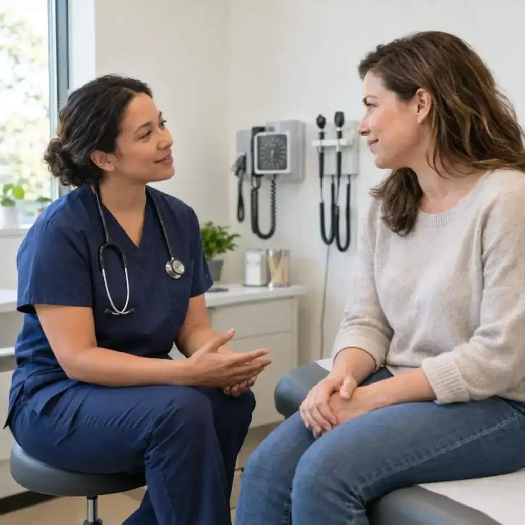 Illustrative clinician listening to an adult patient